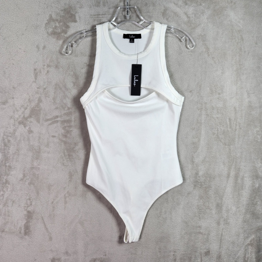 Lulus Ribbed Cutout Bodysuit‎ Womens Medium White Sleeveless Thong Snap Base
